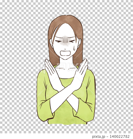 一位表情嚴肅的年輕女子拒絕/婉拒——水彩風格手繪插圖。 一位表情嚴肅的年輕女子拒絕/婉拒——水彩風格手繪插圖。 140022782