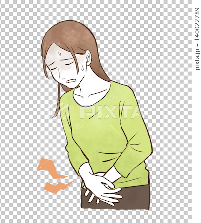 A young woman clutching her aching lower abdomen - watercolor-style hand-drawn illustration. A young woman clutching her aching lower abdomen - watercolor-style hand-drawn illustration. 140022789