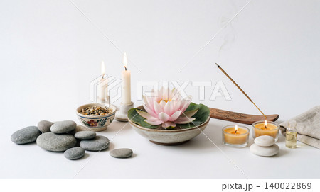 Spa and relaxation setting with candles stones incense relaxation tranquil atmosphere serenity wellness meditation mindfulness potpourri ceremony decoration fragrance luminous material Spa and relaxation setting with candles stones incense relaxation tranquil atmosphere serenity wellness meditation mindfulness potpourri ceremony decoration fragrance luminous material 140022869