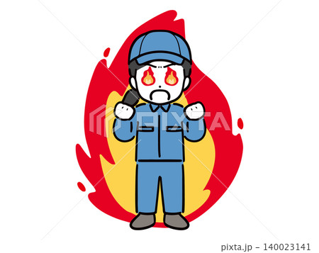 メラメラ燃える若い女性作業員と炎 140023141