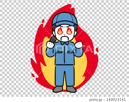 メラメラ燃える若い女性作業員と炎 140023141