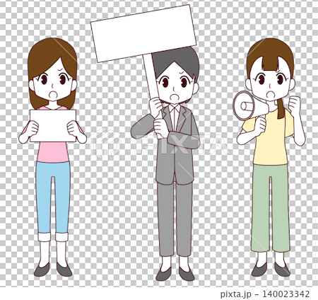 A set of three illustrations of women participating in a demonstration. 140023342