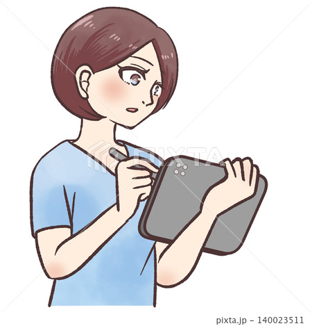 タブレット操作する医療系スタッフの漫画風イラスト 140023511