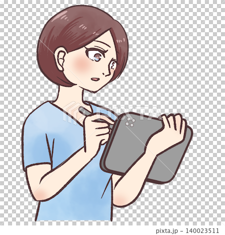 タブレット操作する医療系スタッフの漫画風イラスト 140023511
