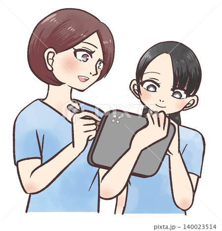 笑顔で申し送りする医療スタッフの漫画風イラスト 笑顔で申し送りする医療スタッフの漫画風イラスト 140023514
