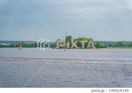 Panoramic view of Volga river in Russia, nature, forest and sky 140024149