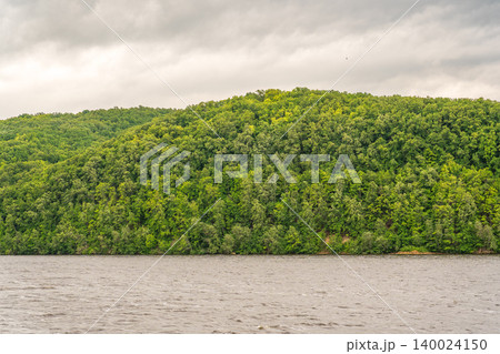 Panoramic view of Volga river in Russia, nature, forest and sky 140024150