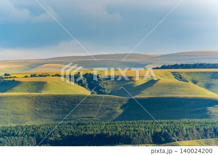 Layers of green mountains and hills in the haze during sunset. Panoramic View of Green hills and Meadow. 140024200