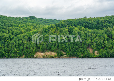 Panoramic view of Volga river in Russia, nature, forest and sky 140024458