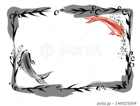 金魚を水草の枠水墨画 140025004