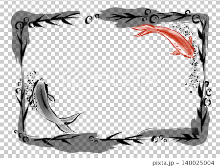 金魚を水草の枠水墨画 140025004