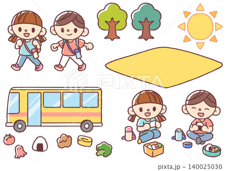 シンプルかわいい遠足をする子供たちのイラストセット シンプルかわいい遠足をする子供たちのイラストセット 140025030