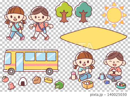 シンプルかわいい遠足をする子供たちのイラストセット シンプルかわいい遠足をする子供たちのイラストセット 140025030