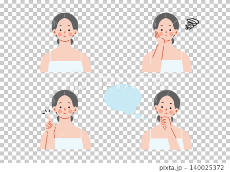 A set of illustrations depicting the facial expressions of women doing skincare. A set of illustrations depicting the facial expressions of women doing skincare. 140025372
