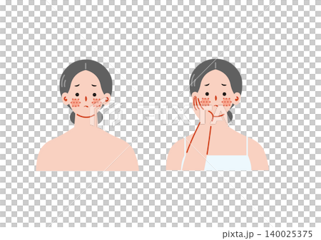 一幅描繪女性因臉部毛孔粗大而煩惱的插圖。 一幅描繪女性因臉部毛孔粗大而煩惱的插圖。 140025375
