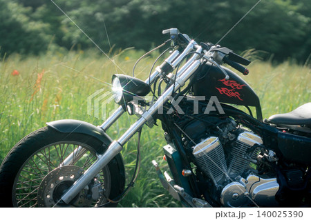 草原に佇むカスタムバイクと夏の自然風景 140025390