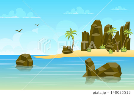 Rocks by sea landscape background in flat style. Rocky mountains at seashore or ocean water, palm trees, flying birds, wilderness area panorama. Nature scenery. Vector illustration of web banner 140025513