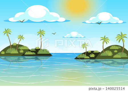 Sun shines over tropical islands landscape background in flat style. Palm trees at seashore, waves ocean water, flying birds, seaside resort panorama. Nature scenery. Vector illustration of web banner 140025514
