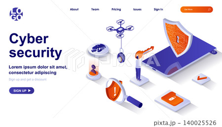 Cyber security isometric landing page. Protect personal data, safe internet isometry concept. Access confidential, identity 3d web banner. Vector illustration with people characters in flat design Cyber security isometric landing page. Protect personal data, safe internet isometry concept. Access confidential, identity 3d web banner. Vector illustration with people characters in flat design 140025526