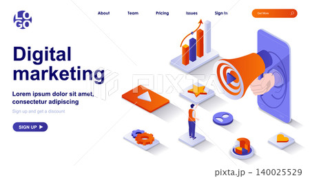 Digital marketing isometric landing page. Online advertising promotion isometry concept. Attraction clients, business growth 3d web banner. Vector illustration with people characters in flat design Digital marketing isometric landing page. Online advertising promotion isometry concept. Attraction clients, business growth 3d web banner. Vector illustration with people characters in flat design 140025529