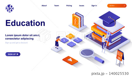 Education isometric landing page. Studying at school or university isometry concept. Learning, training courses, graduation 3d web banner. Vector illustration with people characters in flat design 140025530