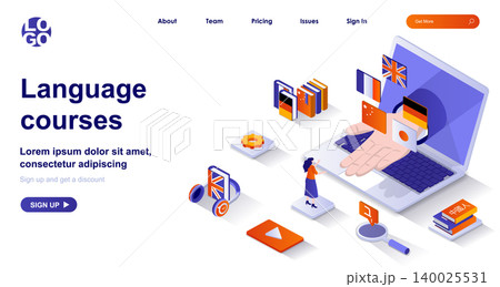 Language courses isometric landing page. Studying at language school isometry concept. Online education, distance learning 3d web banner. Vector illustration with people characters in flat design 140025531