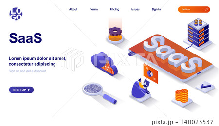 SaaS isometric landing page. Cloud technologies, customer subscription business model isometry concept. Software as a service 3d web banner. Vector illustration with people characters in flat design 140025537