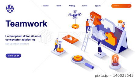 Teamwork isometric landing page. Colleagues cooperation at office isometry concept. Team communication, success work at project 3d web banner. Vector illustration with people characters in flat design Teamwork isometric landing page. Colleagues cooperation at office isometry concept. Team communication, success work at project 3d web banner. Vector illustration with people characters in flat design 140025543