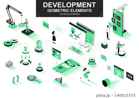 Development company bundle of isometric elements. interface prototyping, back end development, developer programming, project launch isolated icons. Isometric vector illustration kit with people. 140025555