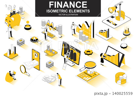 Finance bundle of isometric elements. Financial analytics, piggy bank, stock trading, market indexes, investment, money transfer isolated icons. Isometric vector illustration with people characters. Finance bundle of isometric elements. Financial analytics, piggy bank, stock trading, market indexes, investment, money transfer isolated icons. Isometric vector illustration with people characters. 140025559
