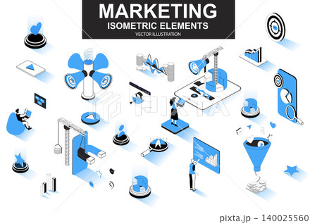Marketing strategy bundle of isometric elements. Marketing funnel, lead generation, research and strategy planning, megaphone isolated icons. Isometric vector illustration kit with people characters. 140025560