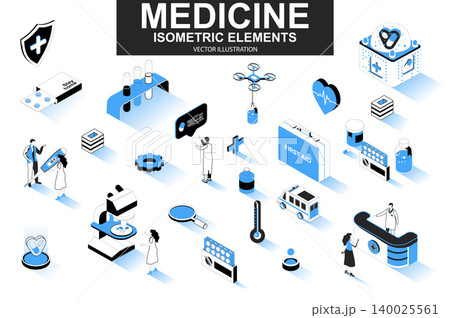 Medicine bundle of isometric elements. First aid kit, medicine, doctor, laboratory research, pharmacy industry, ambulance car isolated icons. Isometric vector illustration kit with people characters. 140025561