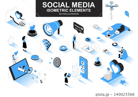 Social media bundle of isometric elements. Customer targeting, loudspeaker, smm service, mobile marketing, referral program isolated icons. Isometric vector illustration kit with people characters. Social media bundle of isometric elements. Customer targeting, loudspeaker, smm service, mobile marketing, referral program isolated icons. Isometric vector illustration kit with people characters. 140025566