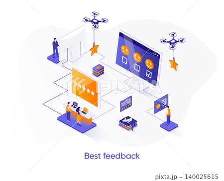 Best feedback isometric web banner. Online customers opinion, rating and review isometry concept. Social media marketing 3d scene, feedback comment design. Vector illustration with people characters. 140025615