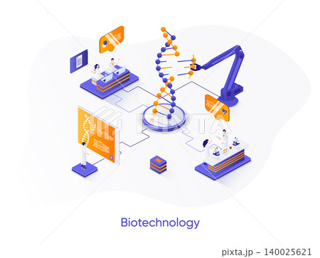 Biotechnology company isometric web banner. Genetic engineering isometry concept. Science research in modern laboratory 3d scene, DNA sequencing flat design. Vector illustration with people characters Biotechnology company isometric web banner. Genetic engineering isometry concept. Science research in modern laboratory 3d scene, DNA sequencing flat design. Vector illustration with people characters 140025621