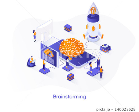 Brainstorming isometric web banner. Innovative idea generation isometry concept. Teamwork creativity and collaboration 3d scene, project launch flat design. Vector illustration with people characters. 140025629