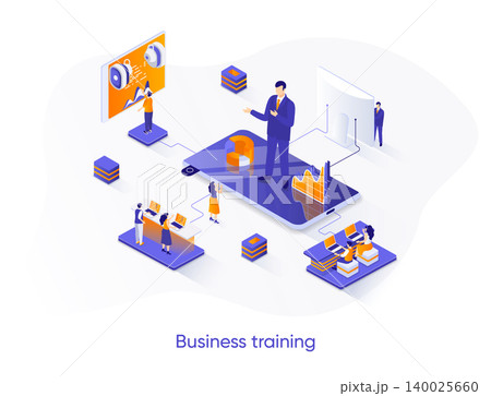 Business training isometric web banner. Professional education isometry concept. Career growth, skills development 3d scene, coaching webinar flat design. Vector illustration with people characters 140025660