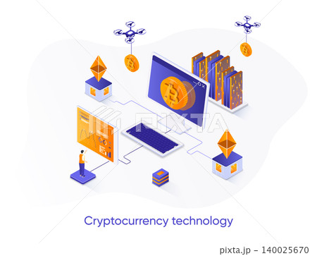 Cryptocurrency technology isometric web banner. Cryptography and blockchain fintech solution isometry concept. Cryptocurrency mining software 3d design. Vector illustration with people characters. Cryptocurrency technology isometric web banner. Cryptography and blockchain fintech solution isometry concept. Cryptocurrency mining software 3d design. Vector illustration with people characters. 140025670