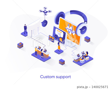 Custom support isometric web banner. Call center service isometry concept. Online customer assistance 3d scene, hotline consultation and help chat design. Vector illustration with people characters. 140025671
