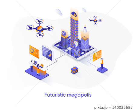 Futuristic megapolis isometric web banner. Smart city, urban hitech solution isometry concept. Modern architecture and digital technologies 3d scene design. Vector illustration with people characters. Futuristic megapolis isometric web banner. Smart city, urban hitech solution isometry concept. Modern architecture and digital technologies 3d scene design. Vector illustration with people characters. 140025685