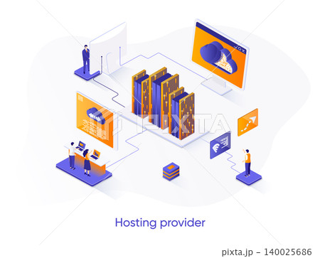 Hosting provider isometric web banner. Website hosting service isometry concept. Internet provider hardware technology, technical support 3d scene design. Vector illustration with people characters. Hosting provider isometric web banner. Website hosting service isometry concept. Internet provider hardware technology, technical support 3d scene design. Vector illustration with people characters. 140025686