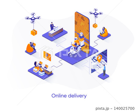 Online delivery isometric web banner. Express courier delivery service isometry concept. Logistics and distribution mobile application 3d scene design. Vector illustration with people characters. Online delivery isometric web banner. Express courier delivery service isometry concept. Logistics and distribution mobile application 3d scene design. Vector illustration with people characters. 140025700