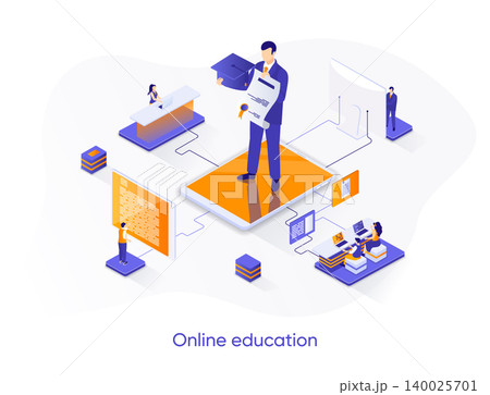 Online education isometric web banner. Distance learning platform isometry concept. Online webinars and trainings 3d scene, skills development flat design. Vector illustration with people characters. 140025701
