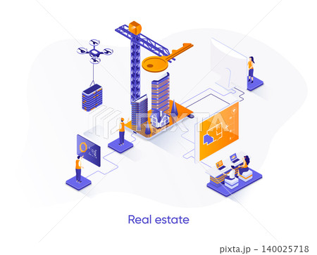 Real estate isometric web banner. Engineering and construction company isometry concept. Real estate agency, building development business 3d scene design. Vector illustration with people characters. 140025718