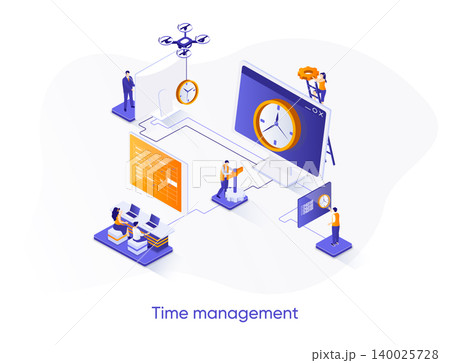 Time management isometric web banner. Effective planning workflow, performing tasks isometry concept. Adherence to deadlines, high work productivity 3d scene. Vector illustration with people character Time management isometric web banner. Effective planning workflow, performing tasks isometry concept. Adherence to deadlines, high work productivity 3d scene. Vector illustration with people character 140025728