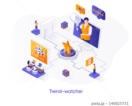 Trend-watcher isometric web banner. Professional trend watching occupation isometry concept. Marketing research and data analysis 3d scene, flat design. Vector illustration with people characters. Trend-watcher isometric web banner. Professional trend watching occupation isometry concept. Marketing research and data analysis 3d scene, flat design. Vector illustration with people characters. 140025731