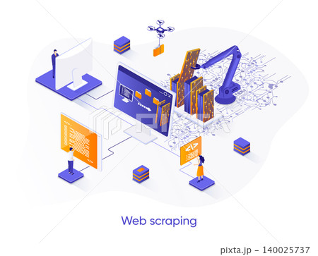 Web scraping isometric web banner. Data extraction software isometry concept. Process of automatic collecting and parsing raw data from web 3d scene design. Vector illustration with people characters. 140025737