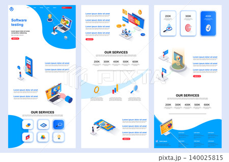 Software testing isometric landing page. Programs debugging and optimization corporate website design template. Web banner template with header, middle content, footer. Software testing isometric landing page. Programs debugging and optimization corporate website design template. Web banner template with header, middle content, footer. 140025815