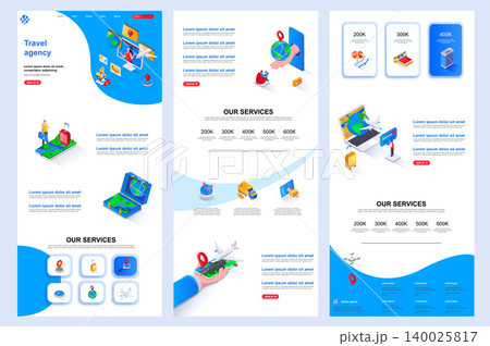 Travel agency isometric landing page. Summertime beach vacation, tour operator corporate website design template. Web banner template with header, middle content, footer. 140025817