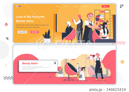 Beauty salon landing pages set. Hairdresser making hairstyle in hair salon corporate website. Flat vector illustration with people characters. Web concept use as header, footer or middle content. Beauty salon landing pages set. Hairdresser making hairstyle in hair salon corporate website. Flat vector illustration with people characters. Web concept use as header, footer or middle content. 140025819